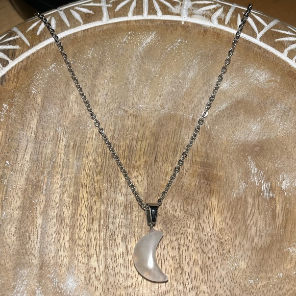 NWOT Rose Quartz Moon Silver Necklace - Picture 2 of 11